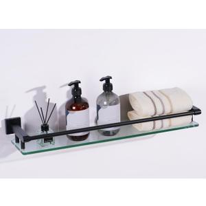 Glass Shelf for Bathroom Wall Sheves 24 inch Rectangular Stainless Steel Tempered Glass Modern Stainless Steel Wall Mount Accessories Organizers Storage (Matte Black) (24'' with Railing)