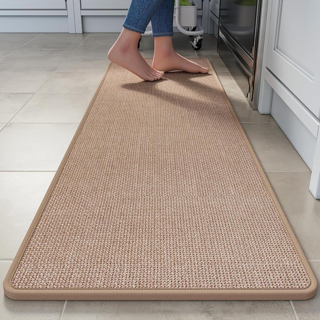 Kitchen Runner Rugs Non Slip Washable, Linen-Like 0.3" Thick Cushioned Absorbent Kitchen Mats for Floor, Mild Anti-Fatigue Long Sink Floor Mat Laundry Standing Mat, Easy Clean, Brown 17"x59"