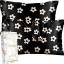 Silk Pillowcase 2 Pack - Cute Pillow Cases 20" x 26" Standard Size Set of 2 for Hair and Skin Smooth Soft Breathable with Hidden Zipper Cooling Pillow Covers for Sleeping, Black Flower