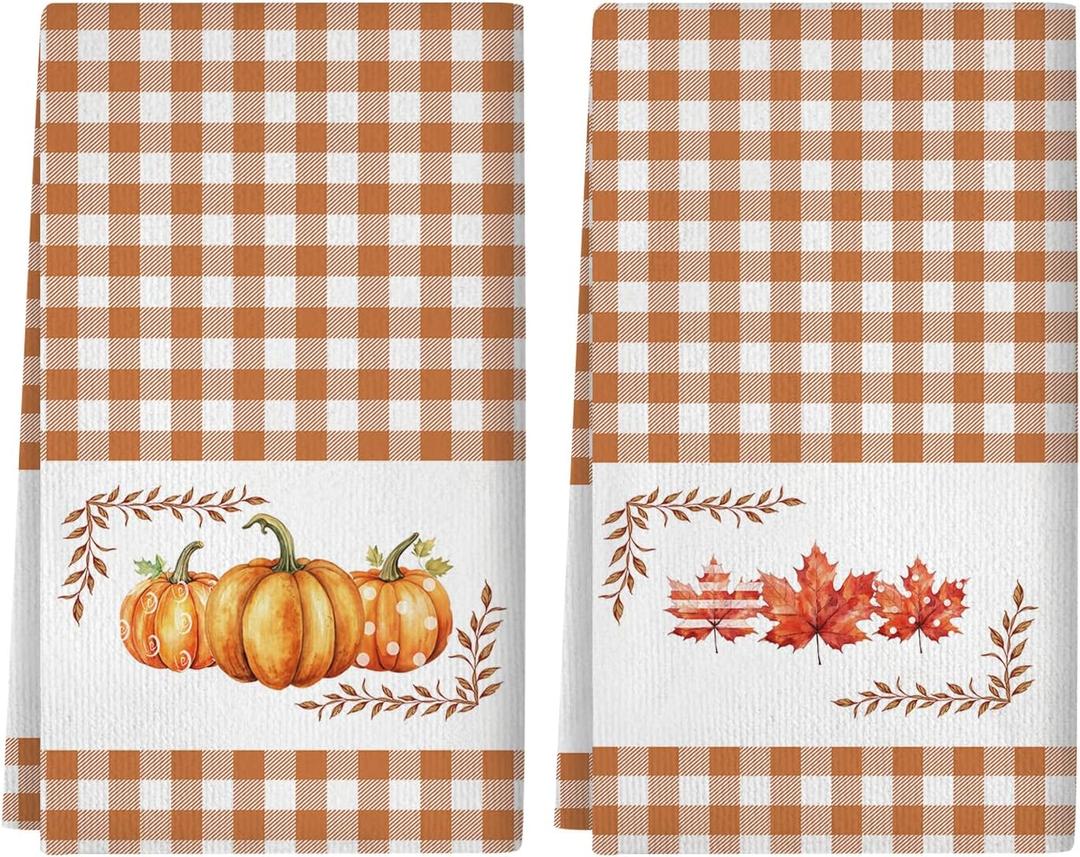 Fall Kitchen Towels Orange Pumpkin Maple Autumn Dish Towels Home Farmhouse Thanksgiving Kitchen Decor Set of 2, 18x26 Inch