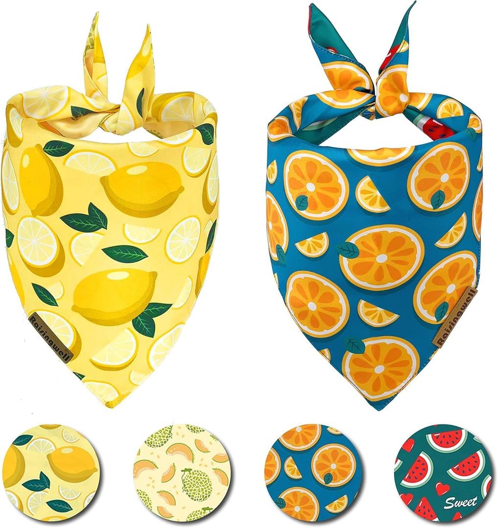 Cute Fruit Dog Bandanas 2 Pack, 4 Patterns Watermelon Lemon Orange Melon, Summer Dog Bibs for Large and XL Breed, Reversible Boy and Girl Pet ScarfLarge