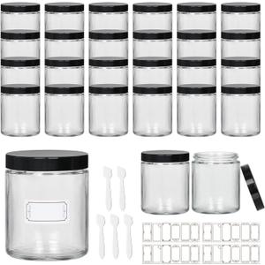 24 Pack 8 oz Glass Jars with lids, Clear Cosmetic Jars with Inner Liners and Black Lids, Lotion Jars, Candle Making Jars for Lotions, Scrubs and Cosmetic, Lables and Spatulas Include