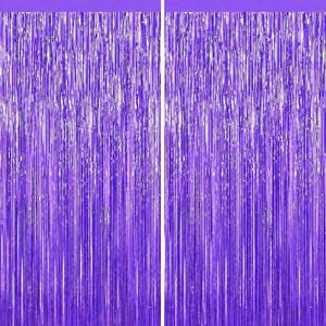 2Pack Purple Foil Fringe Curtains Backdrop, Metallic Tinsel Streamer Decors