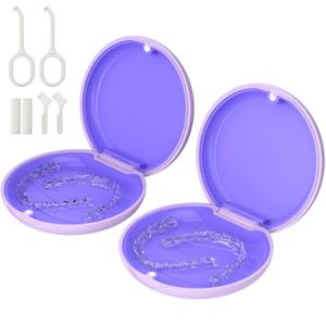 2 Pack Retainer Case, Compatible with Invisalign, Slim Aligner Case with Removal Tool, Aligner Seaters & Brush, Pocket Size Secure Magnetic Closure for Travel - Purple