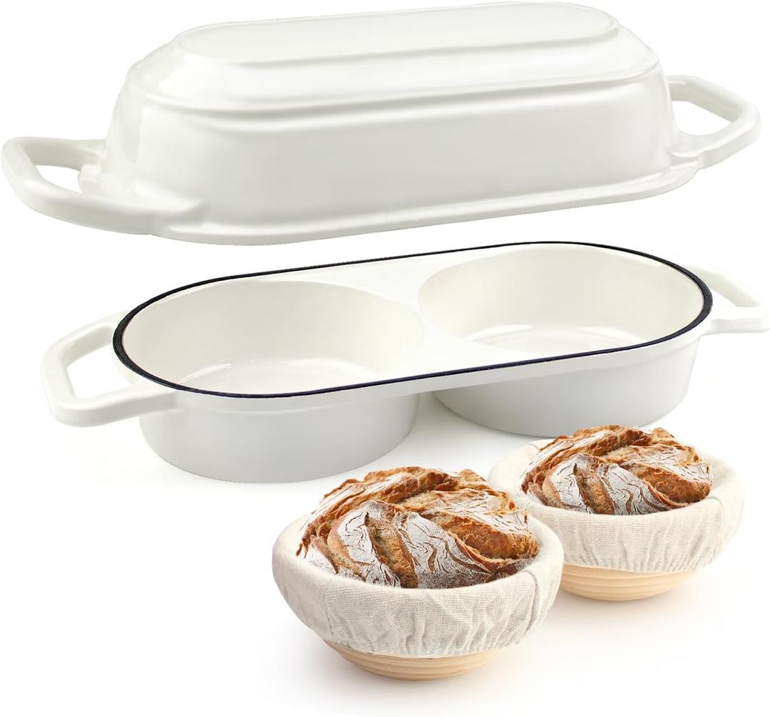 YONILL Mini Double Dutch Oven for Sourdough Bread Baking - Enameled Cast Iron Dutch Oven Pot with Lid and 5" Banneton Bread Proofing Basket Kit, Dual Round Bread Loaf Pan for Homemade Baking (White)