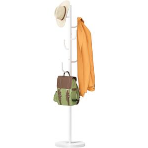 MISSLO Heavy Duty Coat Rack Freestanding 4 Adjustable Size Coat Tree with Stable Wood Base Coat Hanger Stand with 6 Hooks Standing Clothes Tree for Bedroom, White