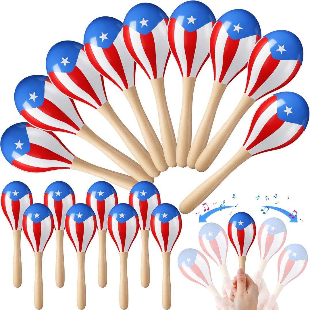 12 Pcs Puerto Rico Flag Wooden Maracas 7.6" Large Musical Shakers for Fiesta, Party Favors, Decorations, Cultural Events & Festive Celebrations