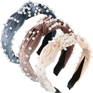 WILLBOND 3 Pieces Pearls Headband Knotted Headband for Women Velvet Pearls Headwear for Woman Hair Accessories (Beige, Pale Mauve, Black)