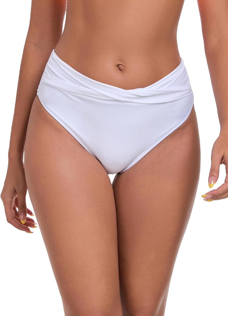 Ocean Blues Women's Twist Bikini Bottom Ruched Bathing Suit Bottom Mid Rise Swim Bottom (White)