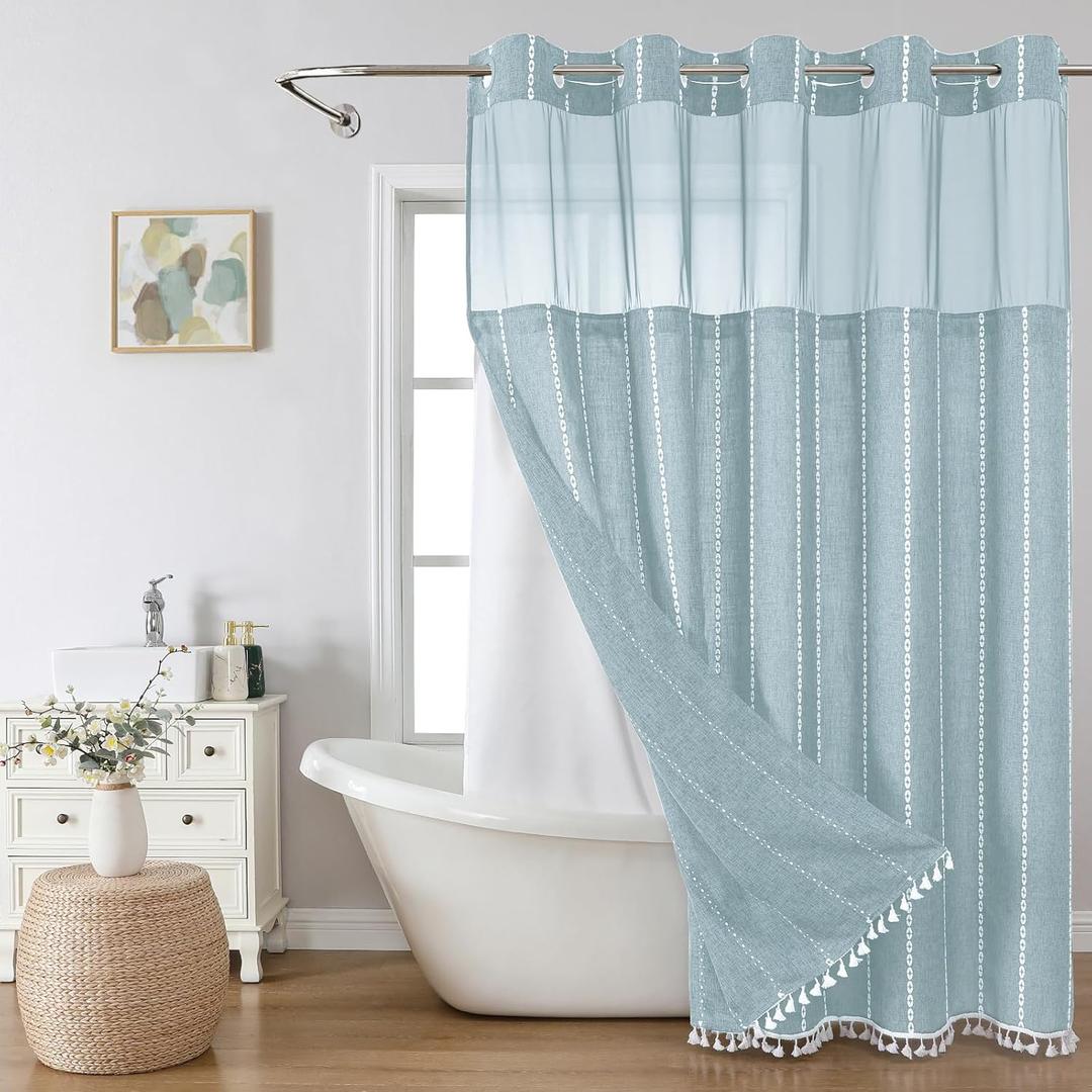Boho Farmhouse No Hook Shower Curtain Set with Snap-in Fabric Liner,Heavy-Duty Linen Textured Rustic Striped Design,Water-Repellent with Tassels and Sheer Window,Fog Blue,71x74