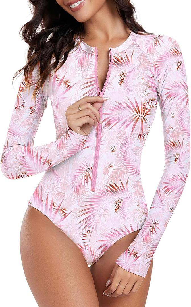 Century Star Long Sleeve Swimsuits Women Teen Girls Rash Guard UPF 50+ One Piece Surfing Modest Full Coverage Bathing Suit (8-10, Pink Leaves)
