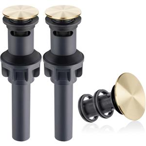 Hibbent 2 Pack Universal Bathroom Sink Drain Stopper, Pop Up Drain Strainer with Overflow, Push and Seal Sink Plug with Basket for Lavatory Vanity Vessel, Anti-Clogging Strainer, Brushed Gold