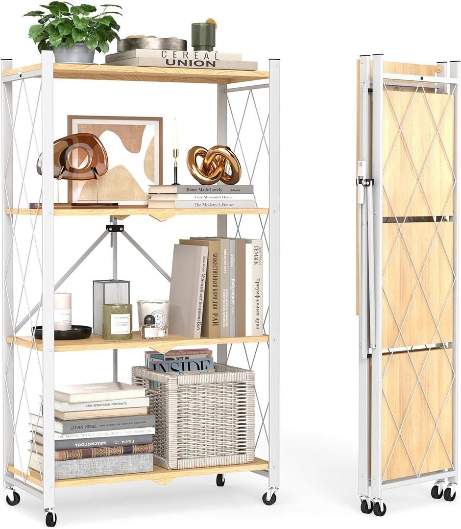 4-Tier Foldable Shelf with Wheels, Wood-Grain Steel Shelves