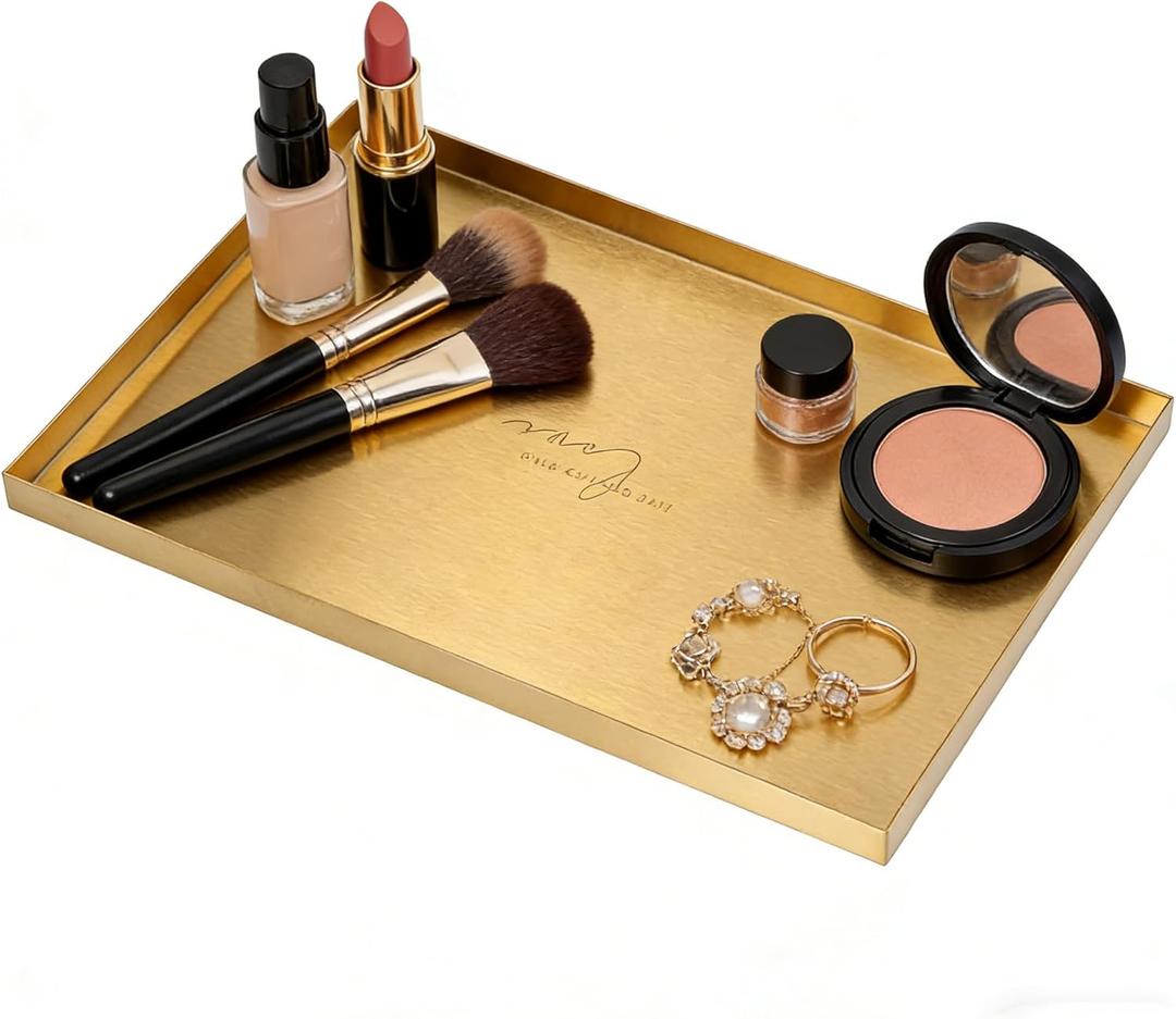 Gold Stainless Steel Serving Tray - 12x8 InchRectangular Storage Organizer for Tea, Coffee, Cosmetics, Jewelry, Use in Vanity, Kitchen, Bathroom, Hotel Decor (11.9" X 8" X 0.6")