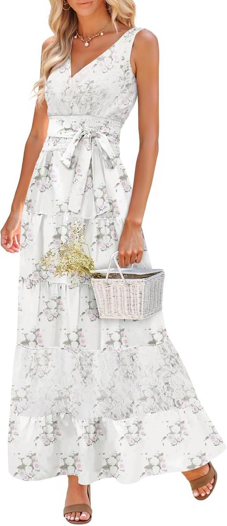 Women Sleeveless Boho Floral Maxi Dress Summer Casual Wrap Vneck Smocked Tie Flowy Ruffle Tiered Beach Long Sundress Pocket (White, XL)
