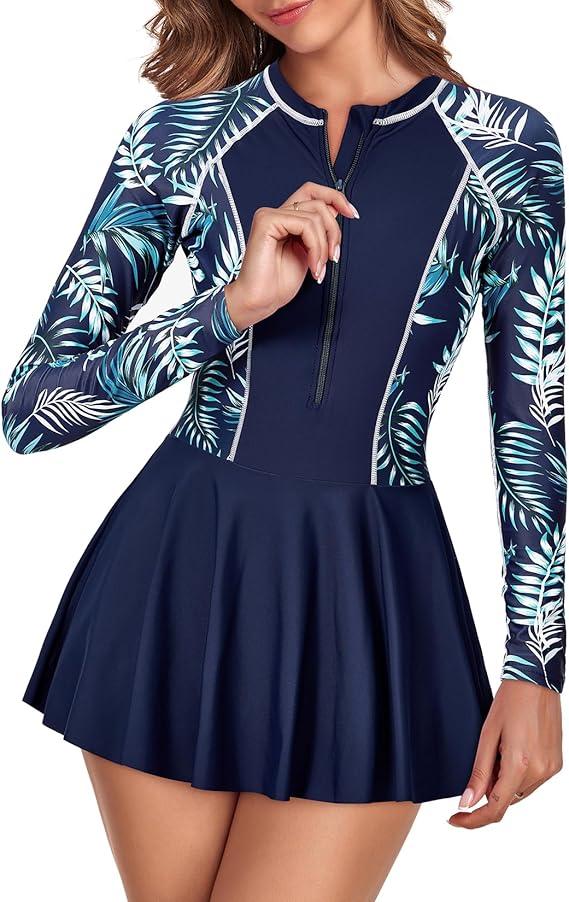 Century Star Womens Rash Guards Long Sleeve with Skirt Athletic Rash Guard for Women Tummy Control Zipper Swimming Swim Dress Navy Leaves 68 M Century Star Womens Rash Guards Long Sleeve with Skirt Athletic Rash Guard for Women Tummy Control Zipper Swimming Swim Dress Navy Leaves 68 M