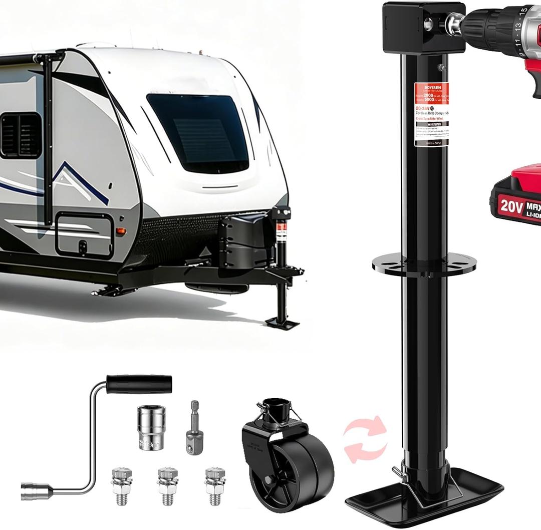 BOYISEN 2-in-1 A-Frame Trailer Jack, 5000lbs Foot Plate & 2000 lbs Dual-Wheel, 20-24V Cordless Drill Powered, 14" Lift, Heavy-Duty Trailer Jack for Boat, RV & Utility