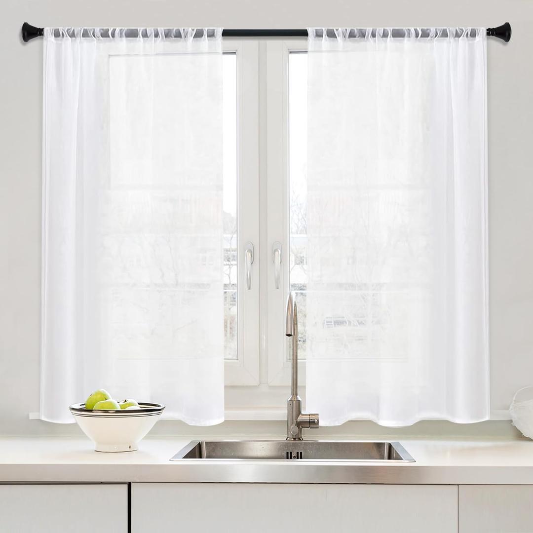 MRTREES White Sheer Tier Curtains - 40 Inch Long, 2 Panel Set for Small Half Windows - Light Filtering, Rod Pocket Voile Cafe Curtains for Kitchen, Bathroom & Dining Room