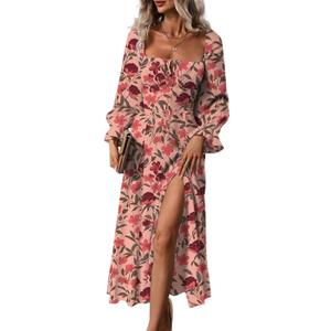 BLENCOT Womens Casual Square Neck Long Sleeve Boho Floral Midi Dress Print Side Split Dresses (Small)