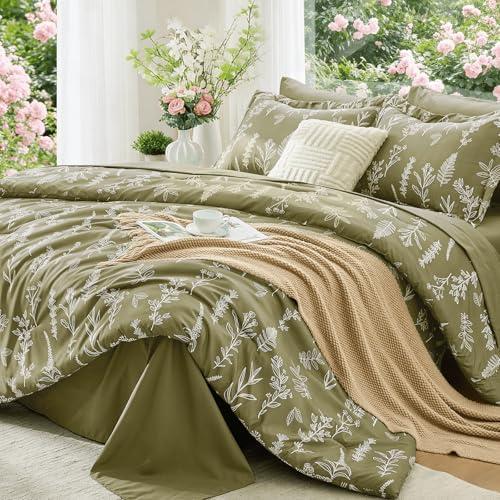 MUXHOMO Olive Green King Comforter Set, Elegant Floral Print Bed in a Bag 7 Pieces, Ultra Soft & Breathable Reversible Botanical Pattern Bedding Set with Comforter, Sheets, Pillowcases, and Shams