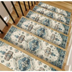 Carpet Stair Treads for Wooden Steps: 15 Pack 30"x8" Stair Carpet Non Slip Peel and Stick Stair Treads Indoor Washable Safety Stair Runner for Kids Elders and Dogs (Blue-251)