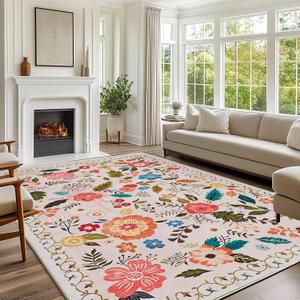 Rug for Living Room, 8X10 Area Rug Floral Vintage Rug for Bedroom Non-Slip Non Shedding Indoor Floor Carpet, Low Pile Foldable Stain Resistant Carpet for Dining Room, Office, Home Decor, Beige