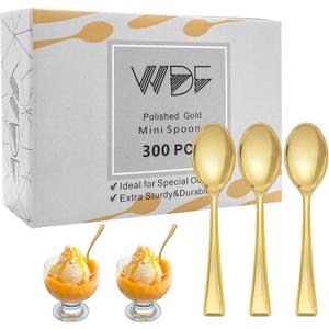 WDF 300PCS Plastic Gold Mini Spoons - 4 Inches Gold Plastic Desserts Spoons, Heavy Duty Disposable Spoons Perfect for Coffee, Cake, Appetizers,Ice Cream,Wedding, Birthday, Party