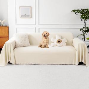 Couch Cover for Pets Sectional Non Slip Sofa Cover for 2 Cushion Couch Washable Chenille Sofa Throws with Tassel Furniture Protector Pet Friendly, Beige, 71''x102''