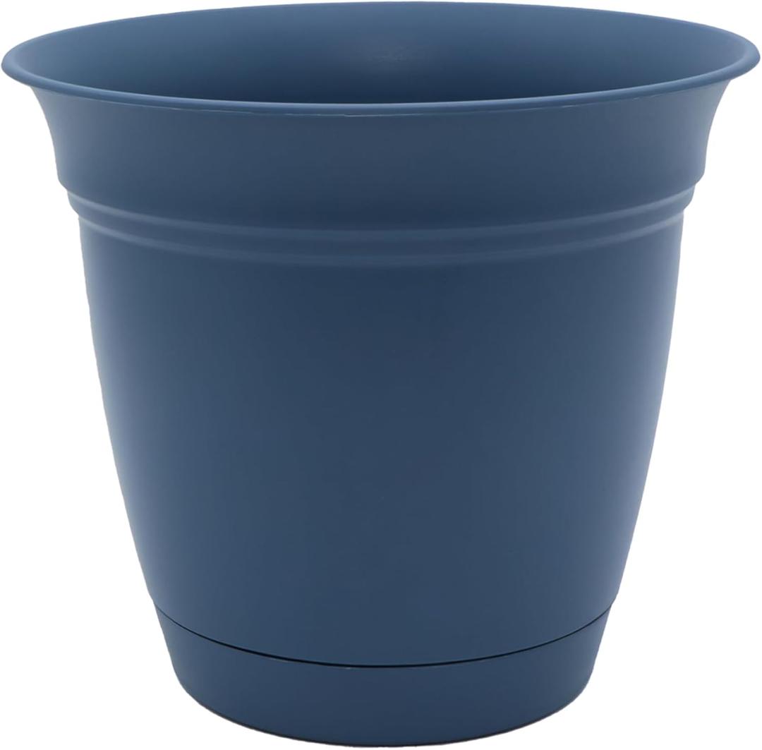 The HC Companies Eclipse Round Planter with Saucer - Outdoor & Indoor Plant Pot with Drainage Holes - Lightweight, UV-Resistant Plastic Pots for Plants, Flowers & Herbs (16" Slate Blue, Pack of 1)