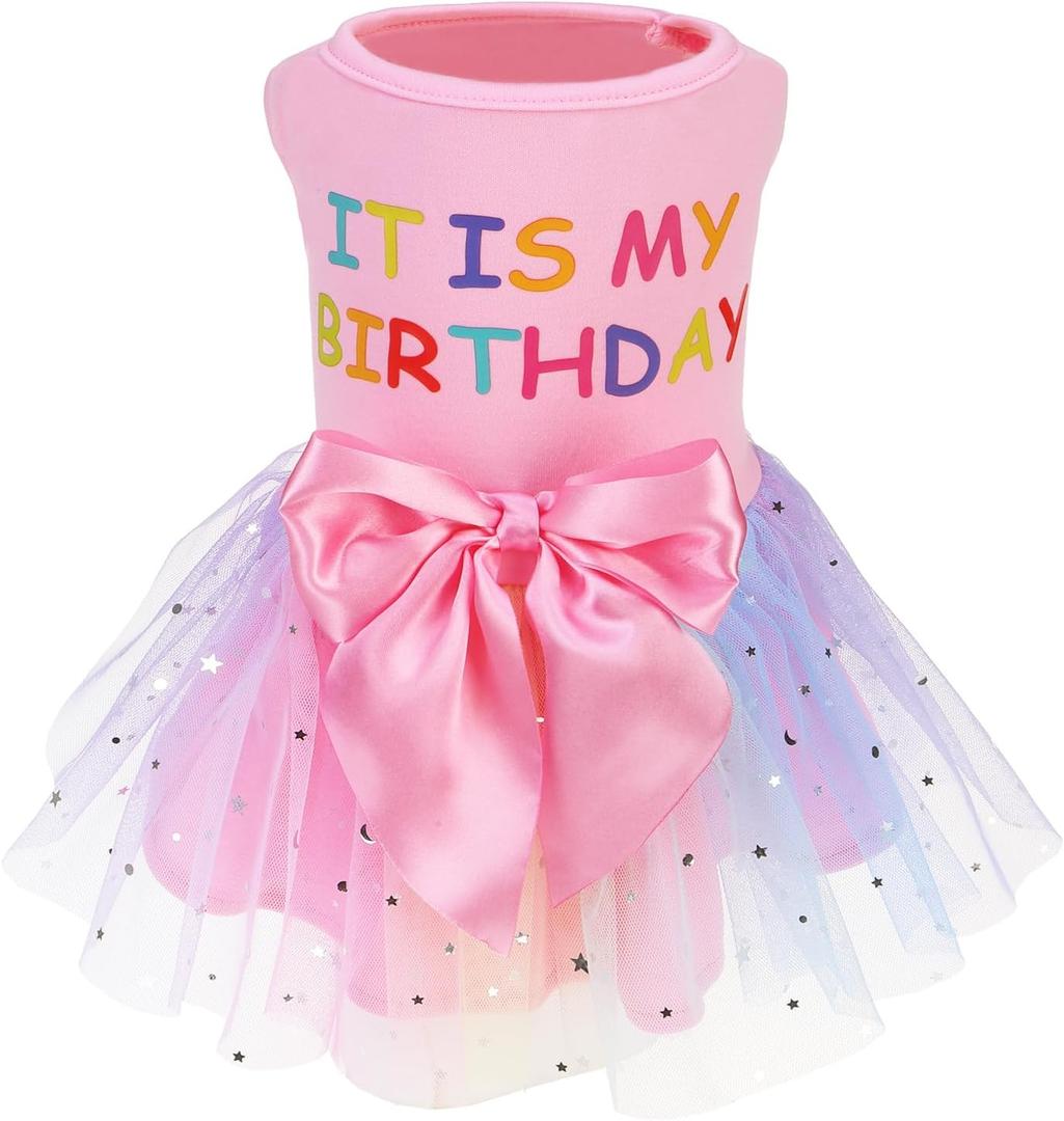 PUPTECK Print Dog Dress Pet Apparel for Birthday with Cute Bowtie Puppy Clothes Outfit, M