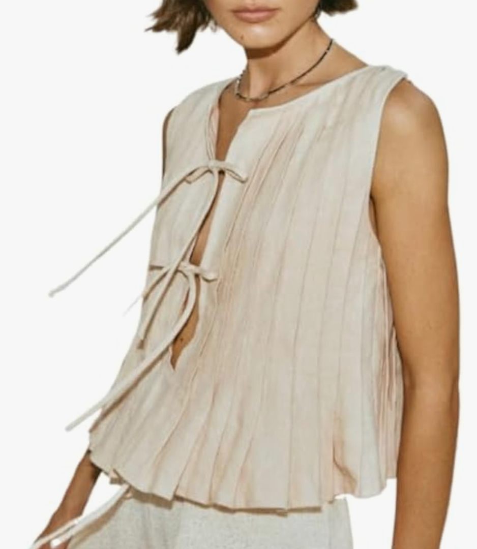 Linen Bow Tie Front Tank Top Women Coquette Pleated Peplum Blouse Y2K Babydoll Ruffle Shirt Sleeveless Tunic Outfits Size M