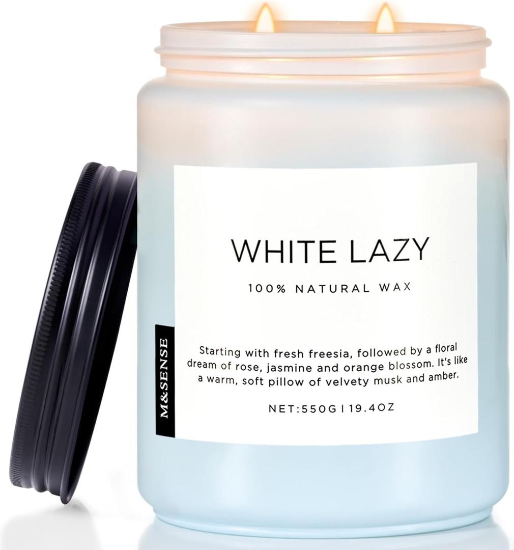 M&SENSE Spring Scented Candle, Jasmine Clean Cotton Soy Wax Large 19.4oz 110 Hour Long Lasting Burning Non Toxic Organic Natural 2 Wick Relaxing Jar Candle for Women (White Lazy)