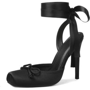 Celbreez Ballet Heels Satin Stiletto Heels for Women Close Square Toe Sling back Bow Lace Up High Nude Heel Women's Pumps Strappy Mary Jane Ballerina Heel Party Wedding Cute Shoes (8, Black)