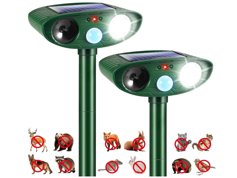 2 Pack Solar Animal Repellent Ultrasonic Outdoor Squirrel Fortress Pro, Deer Repellent Devices with Motion Sensor & Strobe Light,Waterproof Cat Dog Raccoon Rabbit Deterrent for Garden Yard