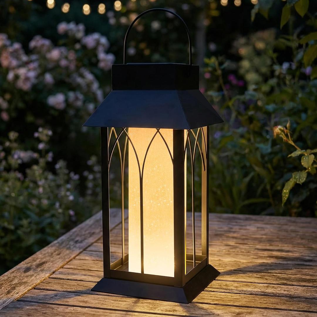 Solar Lantern Outdoor Waterproof ,Black Heavy Duty Metal Solar Powered Hanging or Table Lamp for Patio, Garden, Yard, Porch - Decorative Warm White Lights