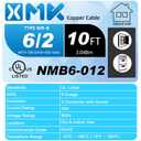 NM-B 6/2 Wire with Ground,10FT 6/2 6 Gauge Wire Copper 6 AWG 2 Conductor Non-Metallic Sheathed 6/2 W/G NMB Cable,Stranded Indoor Residential Electrical Wiring for Branch Circuit Switches&Outlets