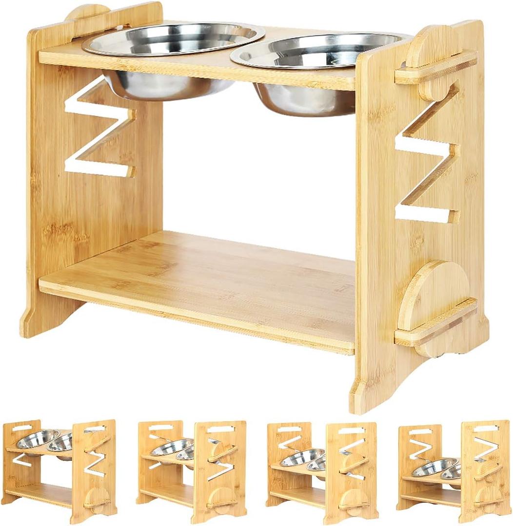 Adjustable Raised Pet Bowls for Cats and Dogs with 2 Stainless Bowls, 5 Heights Bamboo Elevated Stand Pet Feeder with Storage Shelf (Bowl set for Medium to Large breeds)