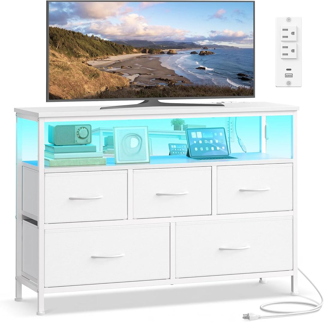 SONGMICS BELLAH Collection - Dresser for Bedroom with App-Controlled LED Lights and Charging Station, Chest of Drawers, TV Stand, 5 Drawers, Shelf, Modern, Cloud White ULGS723WH05S (11.8"D x 38.9"W x 26.8"H (5 Drawers))