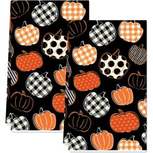 Halloween Kitchen Dish Towel Orange Black Plaid Dot Pumpkin 18 x 28 Inch Dishcloth Hand Drying Tea Towel for Cooking Baking Cleaning Wipes, 2Pcs