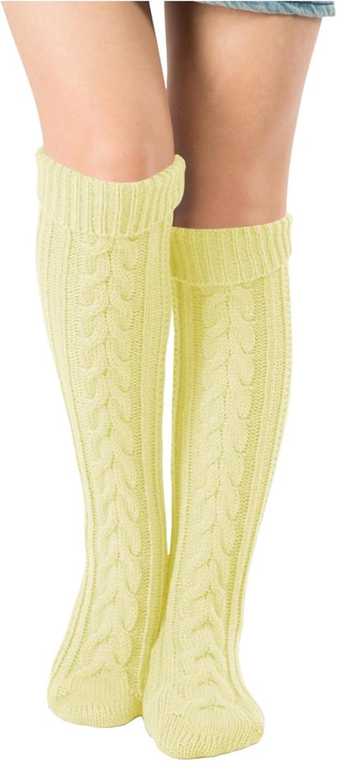 SherryDC Women's Cable Knit Long Boot Stocking Socks Knee High Winter Leg Warmers, One Size (Light Lemon)