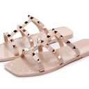 OMGard Womens Studded Sandals Jelly Shoes Ladies Flat, Beige Woman Summer Beach Jellies Slides with Rivets Dressy Cute Slippers Comfortable Slip On, 40