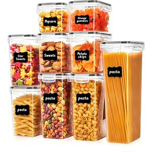 9 PCS Airtight Food Storage Containers with Lids, BPA Free Clear Plastic Kitchen and Pantry Organization and Storage Set for Flour, Sugar, Cereal, Pasta, Includes 9 Labels and Marker