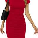 Missufe Women's Short Sleeve Ruched Casual Sundress Midi Bodycon T Shirt Dress (Medium, Red)