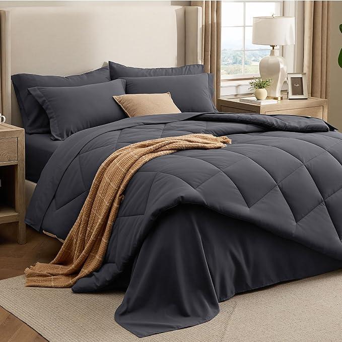 Bedsure 7 Pieces Queen Comforter Set Premium Series, Hotel Luxury Soft Bed in a Bag, Goose Down Alternative, Safe for Sensitive Skin Bedding Comforter All Season Medium Warmth, Dark Grey Queen Size