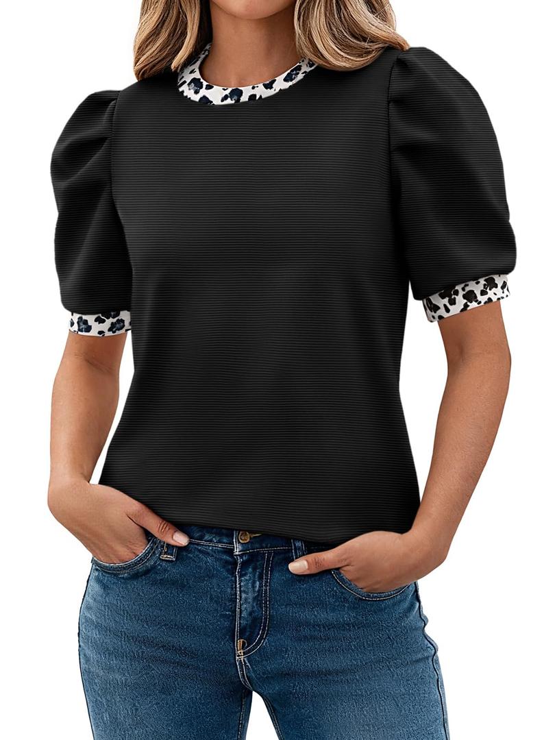 Tankaneo Womens Puff Short Sleeve Tops Summer Dressy Casual Crew Neck Work Blouses 2026 Leopard Loose Fit T Shirt (Black, XL)