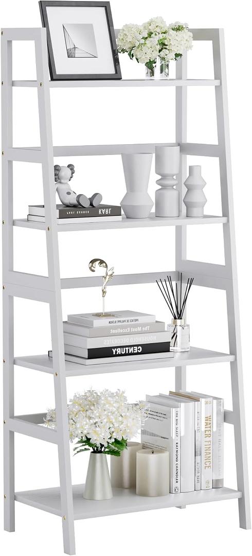 HITNET Ladder Shelf, 4 Tier Bookshelf, Floor Standing Bathroom Storage Rack with Bamboo Frame, Home Office Open Display Bookcase, White, 20.87 Inches X 13.78 Inches X 49.21 Inches