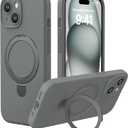 CellEver Strong Magnetic Case for iPhone 15 [for MagSafe Charging] [Camera Protection] Heavy-Duty Protection, Soft Grip Silicone Cover with Kickstand, Titanium Gray