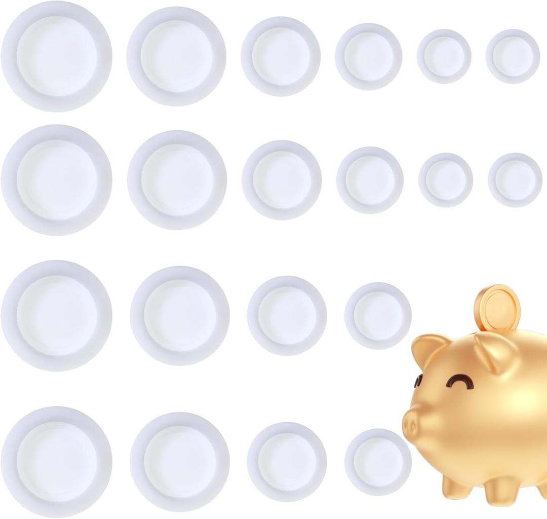 Thinp 20 Pcs Piggy Bank Stopper Replacement, 5 Sizes Piggy Bank Plug Round Coin Banks Plugs Rubber Saving Box Stoppers for Coin Banks Saving Box 26mm, 30mm, 32mm, 38mm (White)