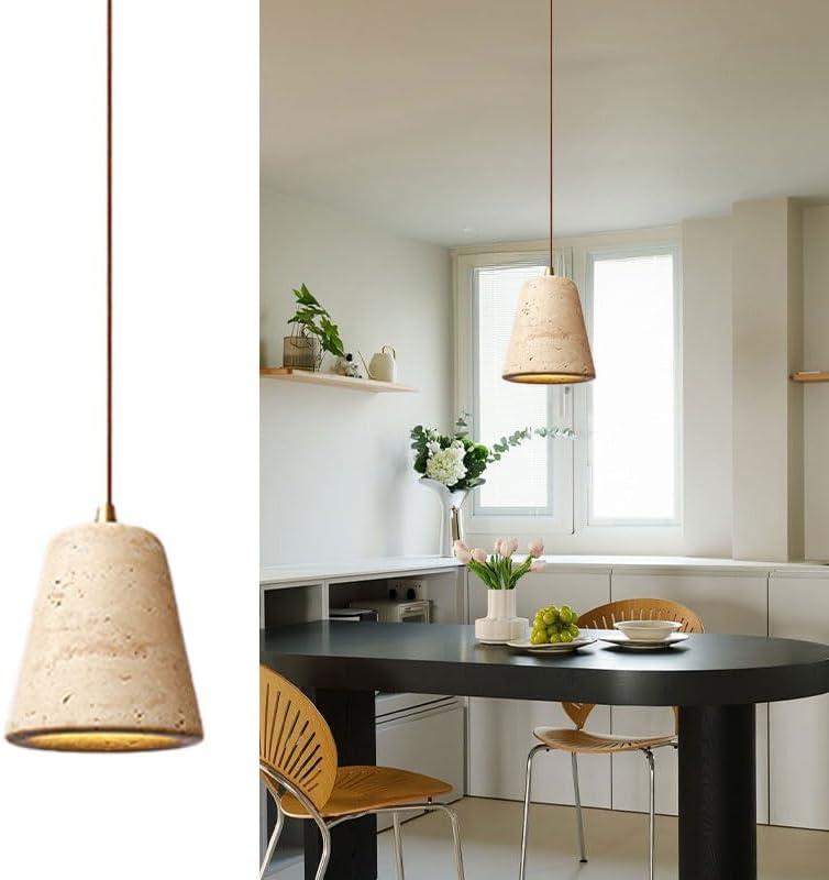 Wabi Sabi Pendant Light Travertine Lampshade Nordic Style Concrete Pendant Light Dining Room Kitchens Island Hanging Lights Stone Lamp Bedside Cement Pendant Light Fixture (Wire Adjustable) (4.3")
