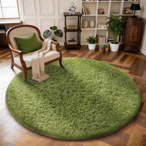 Ophanie Round Rug 5Ft Green Circle Area Rug, Green Room Decor, Fluffy Fuzzy Bedroom Carpet, Plush Soft Shaggy Living Room Rugs for Kids Home Decor Aesthetic, Nursery